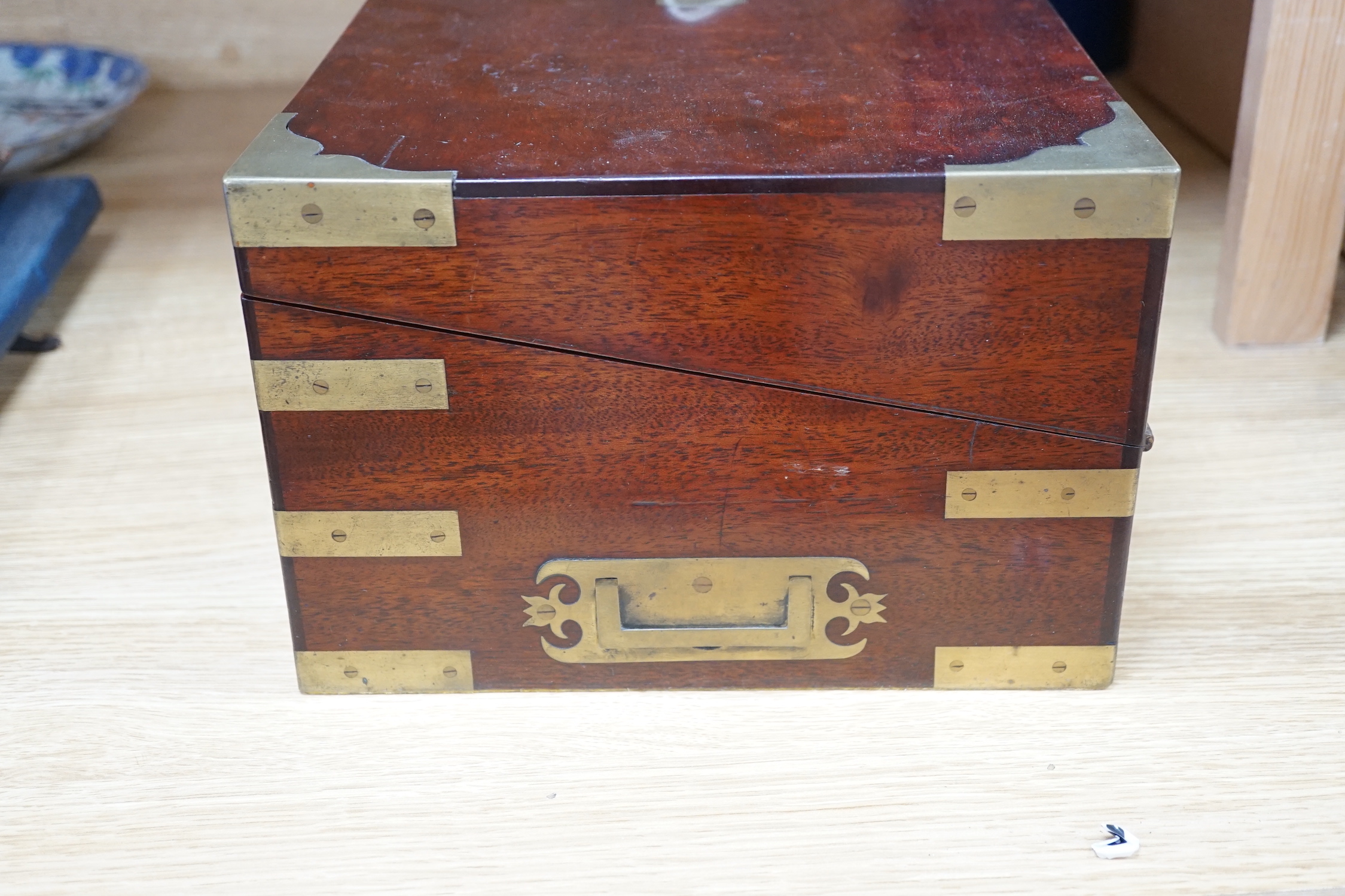 A Victorian brass bound mahogany writing slope, 45cm wide